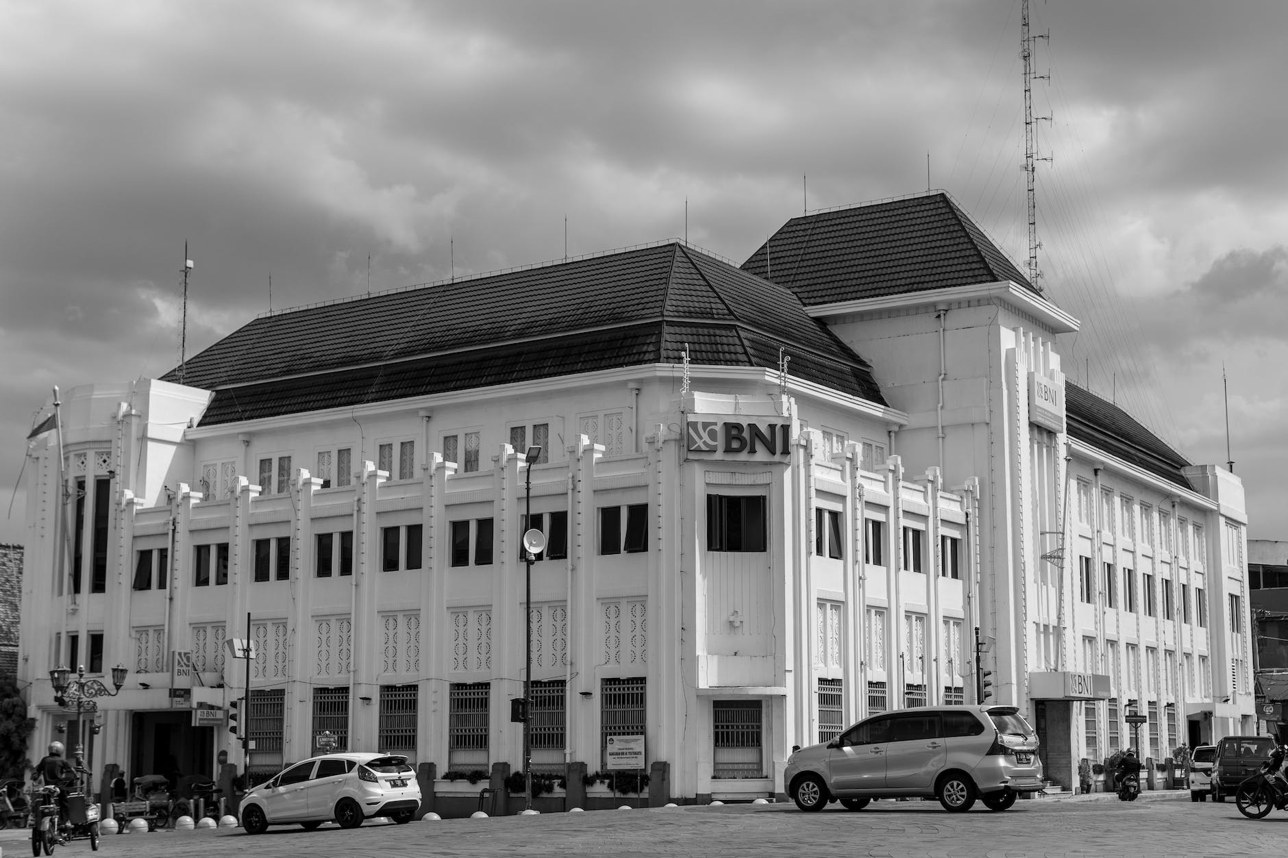 grayscale photo of the bni building in yogyakarta jogja indonesia